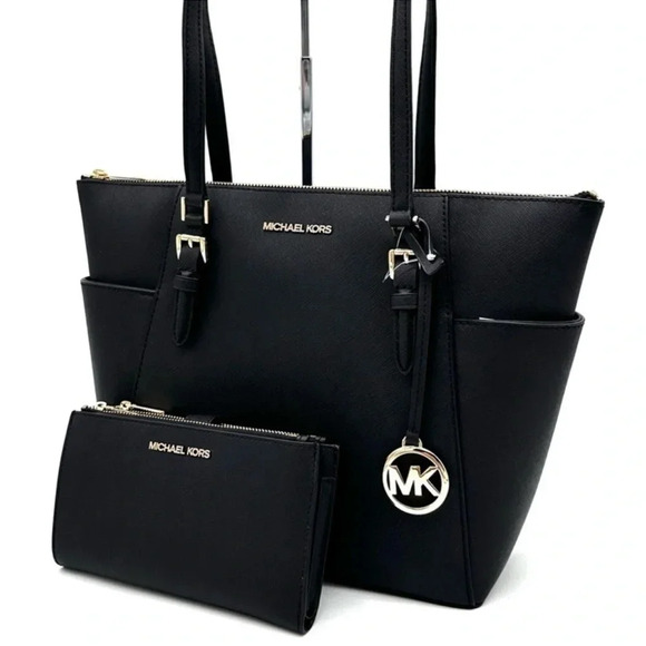 Michael Kors Large Charlotte Tote Bag & Large Double Zip Wallet Black (NWT) - Picture 1 of 14